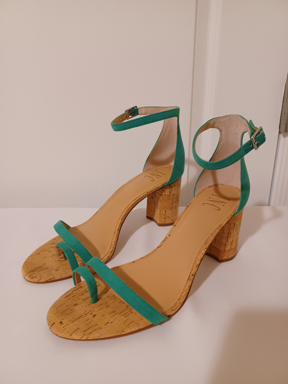 INC International Concepts Teal Ankle-Strap Cork Block Heel Sandals